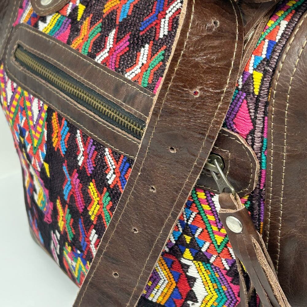 Large Handbag Crossbody Guatelmalan Leather Embroidered Colorful Huipil Artisan - Picture 8 of 11